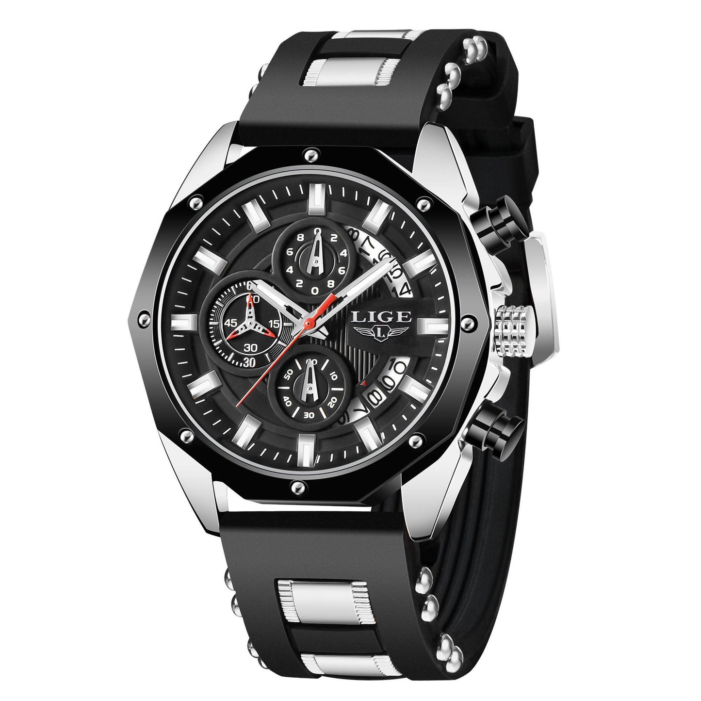 LIGE LG8908 Men Sports Watch | Quartz Waterproof Silicone Strap Analog Watch with Luminous & Calendar