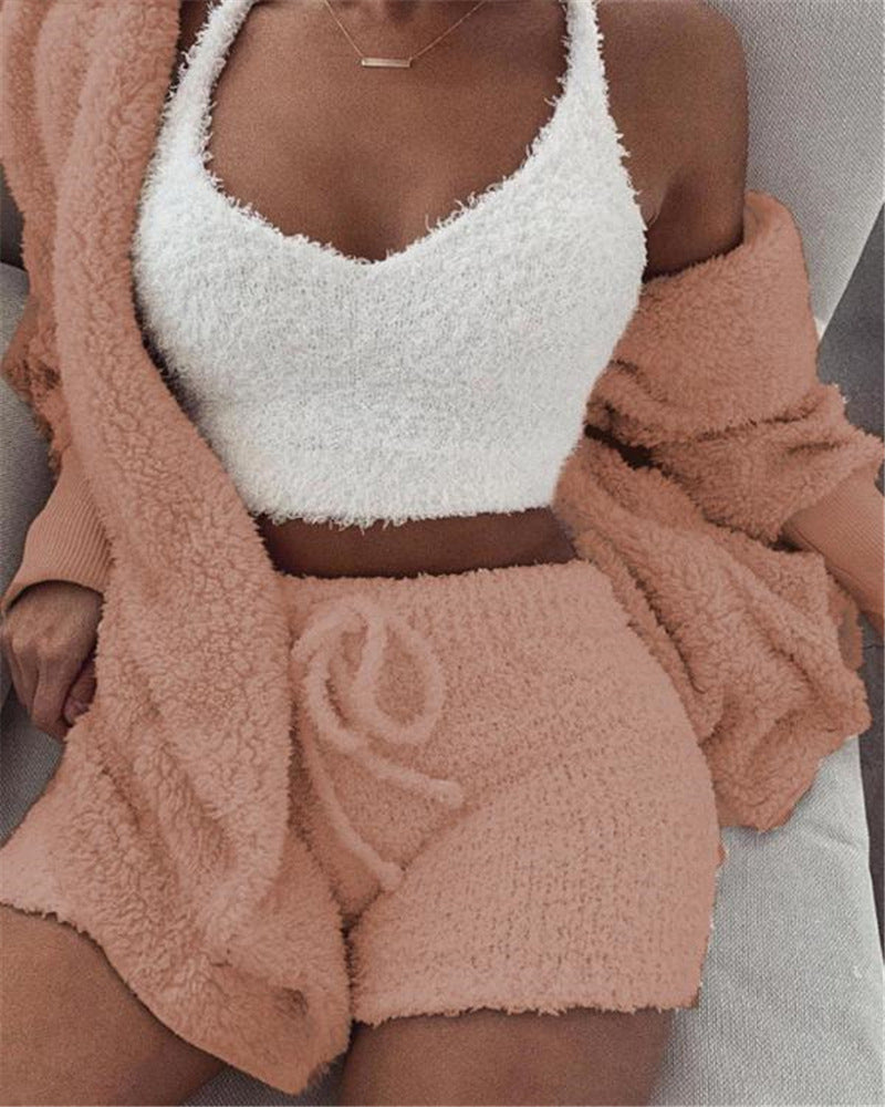 3-Piece Women’s Pajama Set – Long Sleeve Crop Top, Tank & Drawstring Shorts Comfortable Loungewear