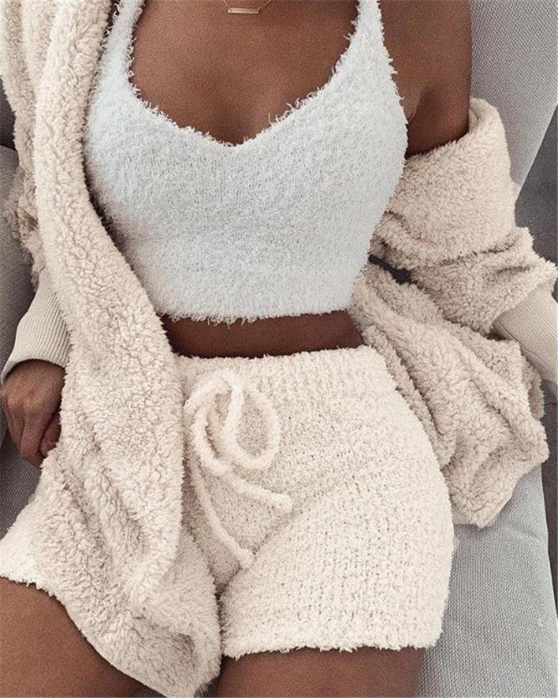 3-Piece Women’s Pajama Set – Long Sleeve Crop Top, Tank & Drawstring Shorts Comfortable Loungewear