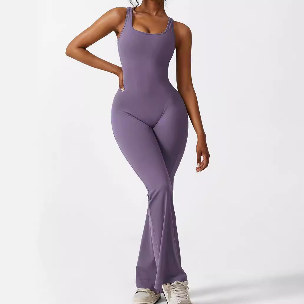 Women Sleeveless Flare Jumpsuit | High-Elasticity Fitness & Yoga Long Pants – Stylish Comfortable Activewear