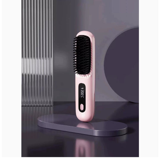 2-in-1 Hair Straightener Brush – Fast Heating Wireless Hair Comb & Portable Hot Curler with USB Charging