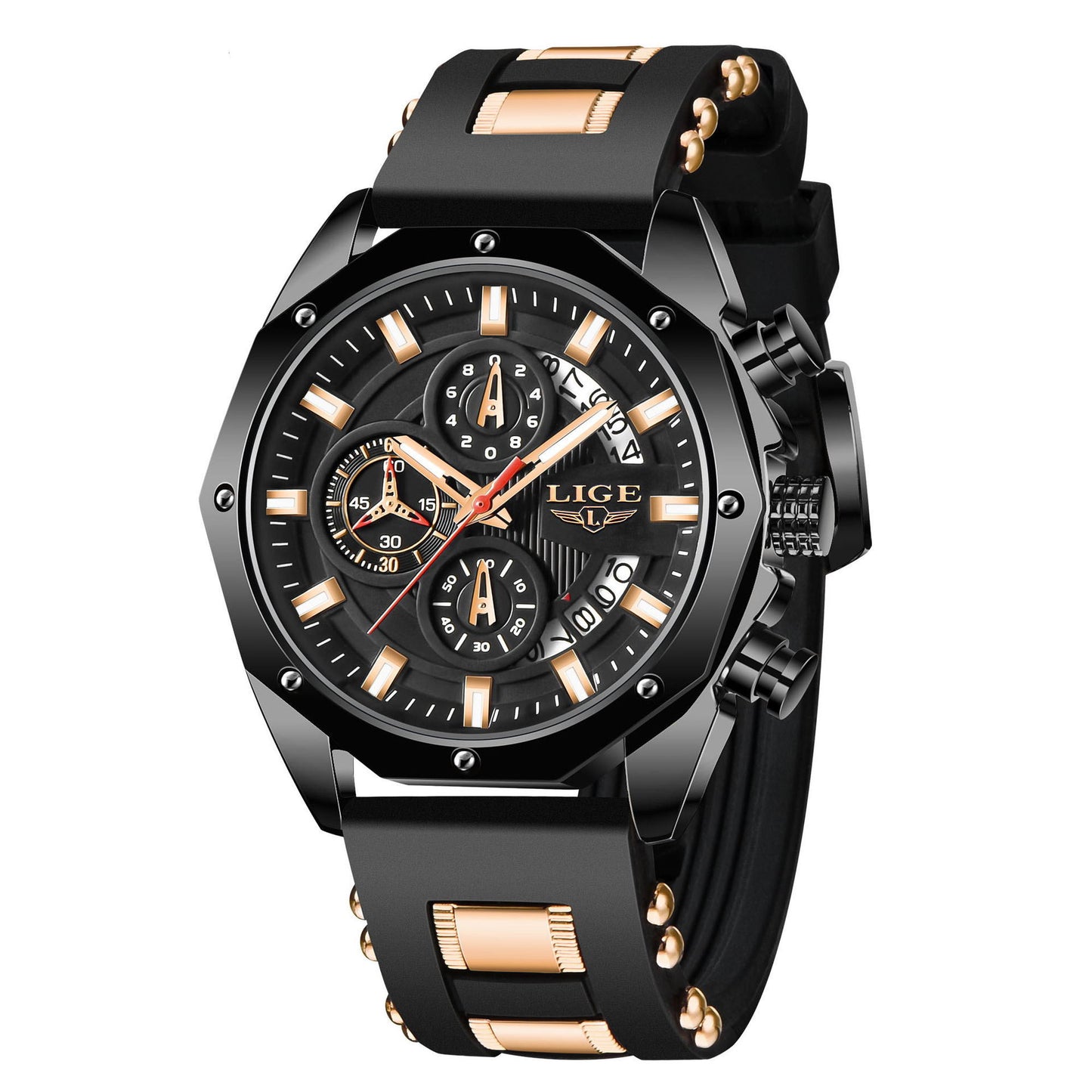 LIGE LG8908 Men Sports Watch | Quartz Waterproof Silicone Strap Analog Watch with Luminous & Calendar