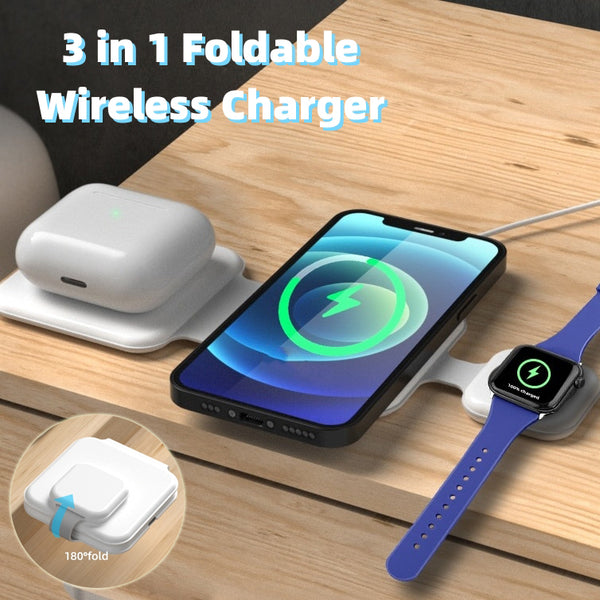 3 In 1 Magnetic Foldable Wireless Charger 15W Fast Charging Station For Phone Watch Earbuds – Portable Travel Charging Stand