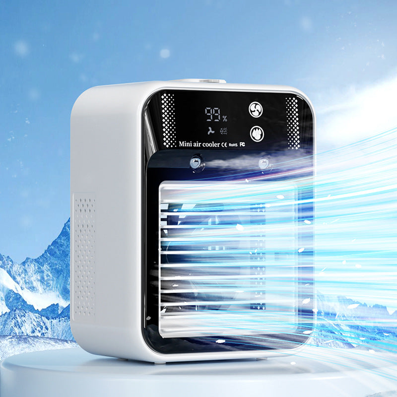 Portable USB Air Conditioner & Water Cooling Fan | Mini Air Cooler for Home, Office, Car – Touchscreen, Ice & Mist Cooling