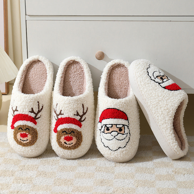 Christmas Home Slippers | Cute Cartoon Santa Claus Cotton Slippers for Women & Men – Winter Warm Furry Shoes for Couples