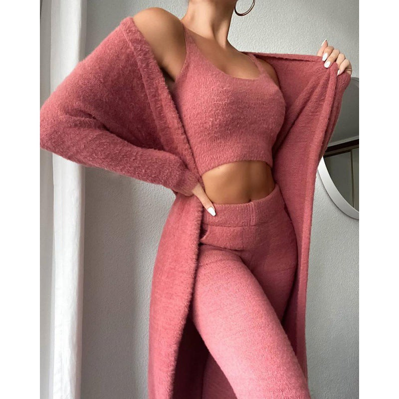 Cozy 3-Piece Women’s Pajama Set – Cute Loungewear Lounge Set with Top, Pants & Cardigan, Warm Matching Outfit for Winter