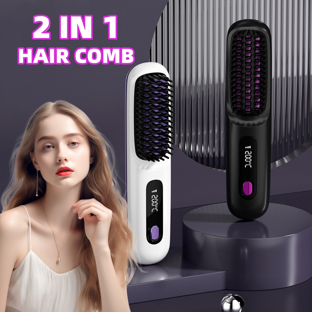 2-in-1 Hair Straightener Brush – Fast Heating Wireless Hair Comb & Portable Hot Curler with USB Charging