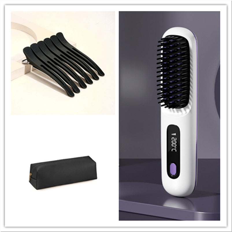 2-in-1 Hair Straightener Brush – Fast Heating Wireless Hair Comb & Portable Hot Curler with USB Charging