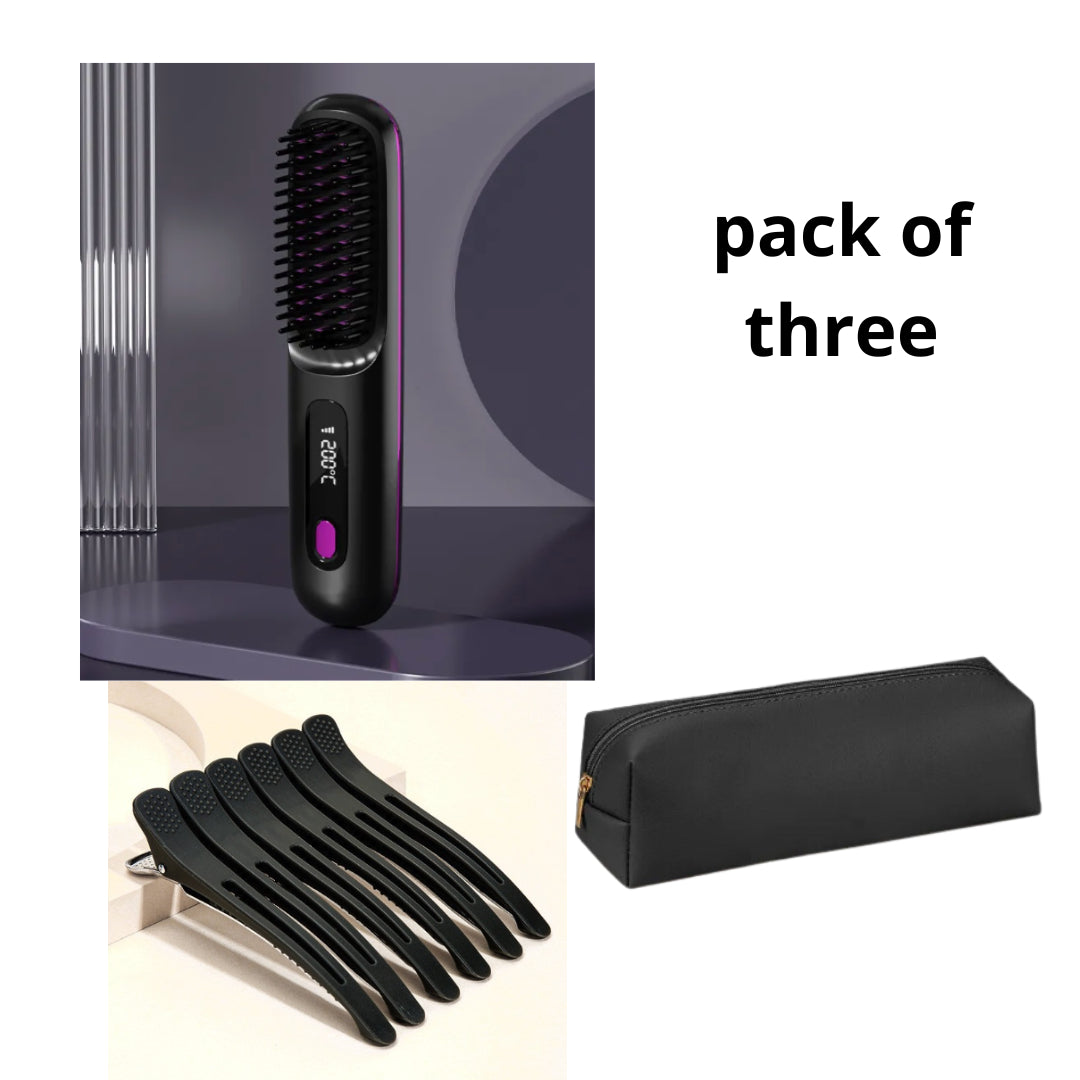 2-in-1 Hair Straightener Brush – Fast Heating Wireless Hair Comb & Portable Hot Curler with USB Charging