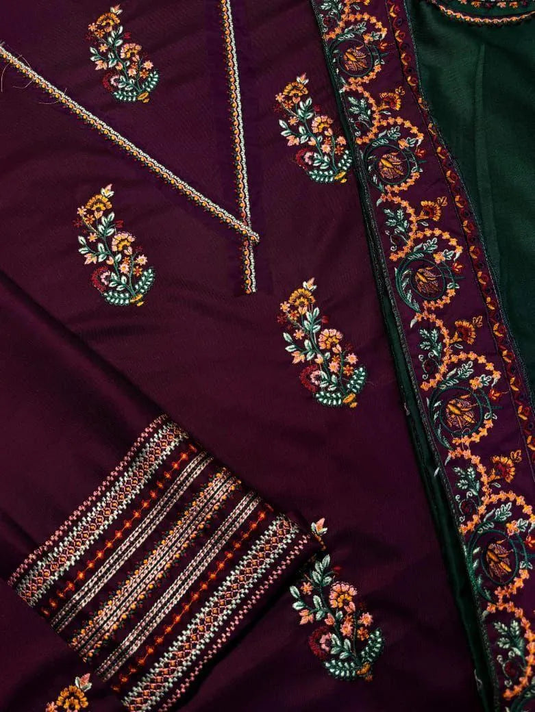 Luxury Embroidered Karandi Ensemble with Contrast Woolen Shawl - 2 Piece (Plum & Emerald)