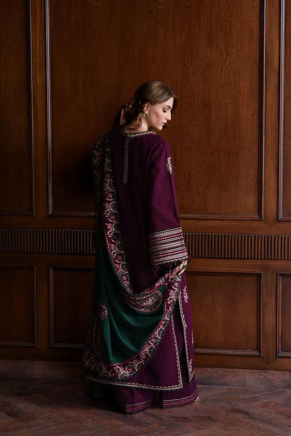 Luxury Embroidered Karandi Ensemble with Contrast Woolen Shawl - 2 Piece (Plum & Emerald)