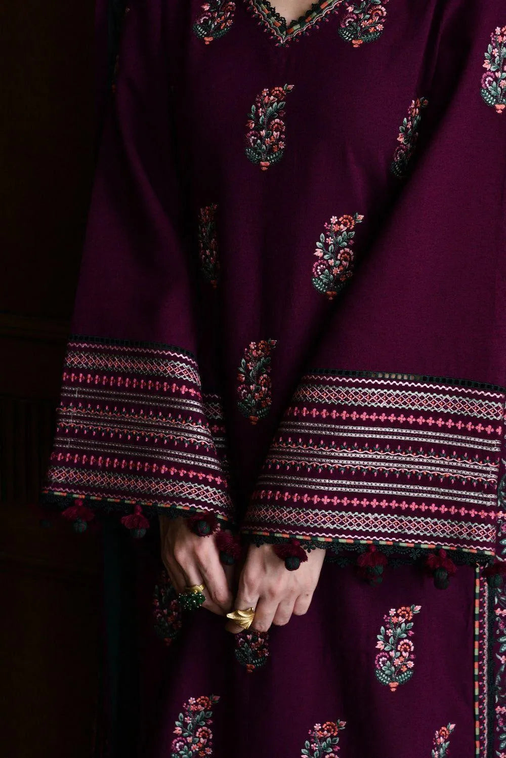 Luxury Embroidered Karandi Ensemble with Contrast Woolen Shawl - 2 Piece (Plum & Emerald)