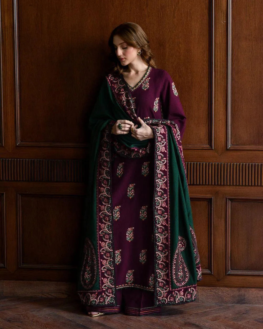Luxury Embroidered Karandi Ensemble with Contrast Woolen Shawl - 2 Piece (Plum & Emerald)